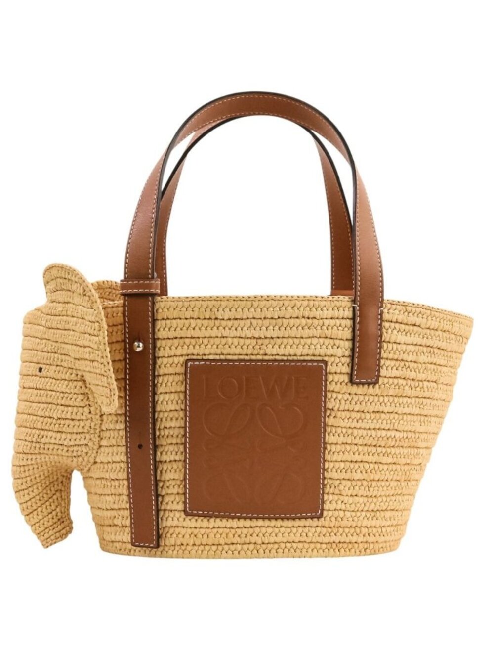 Loewe Elephant Basket Small Raffia & Calfskin Tote Bag Natural Brown